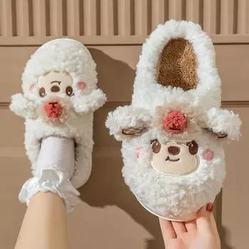 Fashion Winter Women Home Slippers Cute Cartoon Furry Plush Slides Warm Plush Toe Wrap Cotton Shoe Indoor Bedroom Non-Slip Floor Slipper 36-37 белый