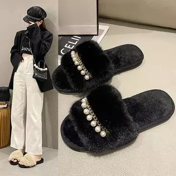 Fashion Winter Women House Furry Slippers 2024 New Non-Slip Casual Indoor Chain Decoration Warm Flats Floor Shoes Flip Flops Solid Color 36-37 белый