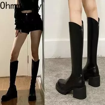 fashion Winter Women Knee High Boots Fashion Platform Ladies Elegant Square High Heel Long Knigth Booties Winter Women s Footwear 35 коричневый
