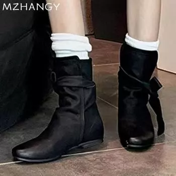 Fashion Winter Women Leather Ankle Boots Low Heels Designer Sexy Casual Walking Shoes Women 2024 Trend New Dress Cozy Warm Botas Mujer 35 бежевый