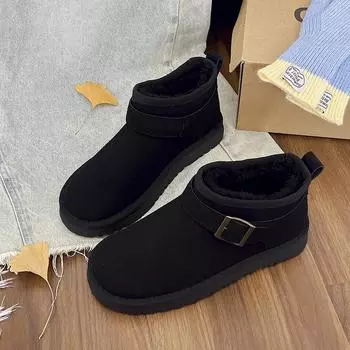 fashion Winter Women s Boots Round Toe Flat Shoes for Women Slip-on Platform Low Heel Snow Boots Outdoor Causal Ankle Short Boots Women 35 чёрный