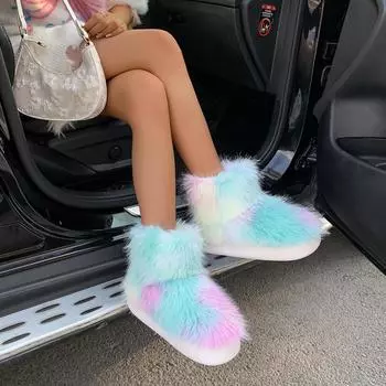 Модные зимние женские сапоги с круглым носком, плоские туфли для женщин, плюшевые зимние сапоги на платформе, уличные ботильоны на среднем каблуке для женщин 36-37 синий