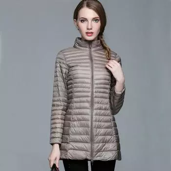 МОДА Зимняя женская облегающая легкая пуховая куртка средней и длинной длины с воротником-стойкой и длинными рукавами из белого утиного пуха с сумкой для хранения Одежда S хаки