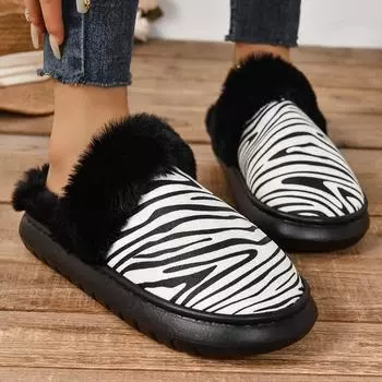 Fashion Winter Women s Thick-soled Fur Slippers To Keep Warm New Flat-soled Home Cotton Shoes Zebra Striped Shoes for Women 36 чёрный