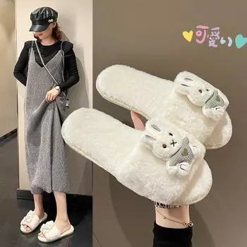 Fashion Winter Women s Warm and Fluffy Home Cute Rabbit Pattern Furry Cotton Slippers 36-37 чёрный