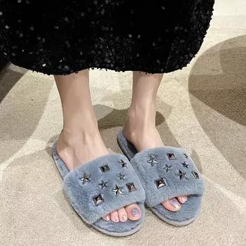 fashion Winter Women s Warm and Fluffy Home Star Square Pattern Furry Cotton Slippers 36-37 чёрный