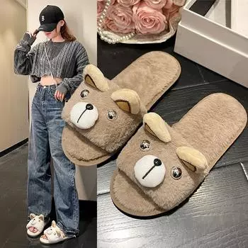 fashion Winter Women s Warm and Fluffy Household Bear Decorative Furry Cotton Slippers 36 чёрный