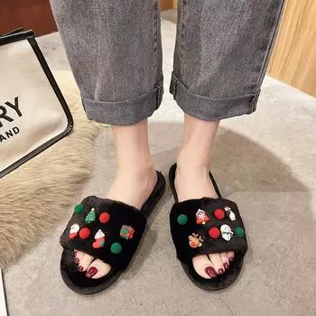 Fashion Winter Women s Warm and Fluffy Home Christmas Pattern Decorated Furry Cotton Slippers 36-37 чёрный