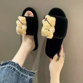 fashion Winter Women s Warm and Fluffy Household Bear Pattern Decorated Furry Cotton Slippers 36 чёрный