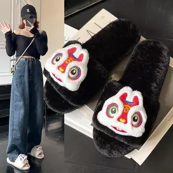 Fashion Winter Women s Warm and Fluffy Home Furry Cotton Slippers with Lion Head Pattern Decoration 36-37 чёрный