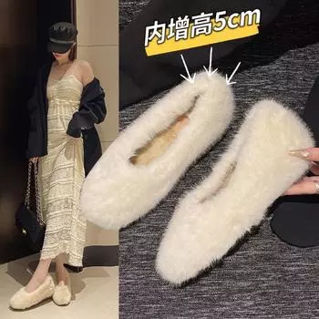 Fashion Winter Women s Warm Plus Fleece Flat Shoes New Fashion Fur Slip-on Casual Shoes Women s Light Walking Shoes 35 бежевый