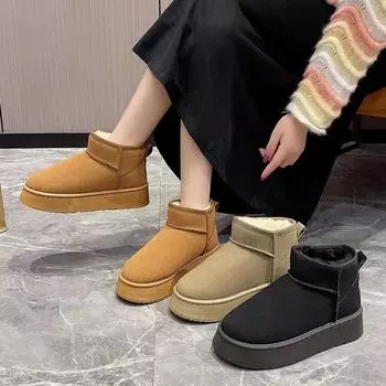 fashion Winter Women Short Plush Warm Snow Boots Casual Shoes New Suede Fur Ankle Boots Flats Platform Ladies Shoes Botas 36 абрикосовый
