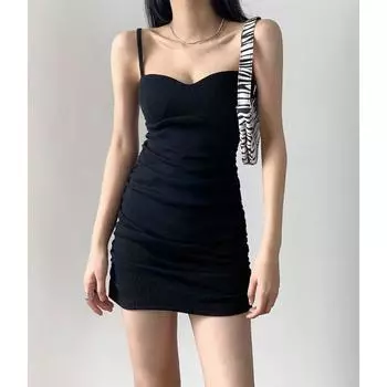 Fashion with Chest Pad Black Camisole Dress Summer Inner off-the-Shoulder Collarbone Slim Looking Ruffle Hip A- line Skirt Black S