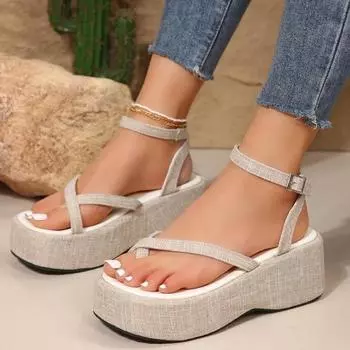 Fashion with Heel 2024 Sandals Clear Shoes Suit Female Beige Thick New Blue Summer Low Comfort Girls Buckle Strap PU Sweet Fabric 35 бежевый