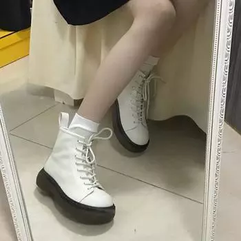 Fashion With Laces Short Shoes for Women Chunky Female Ankle Boots Lace-up Sports Booties Leather Kawaii Cute White Footwear Sneakers Pu 35