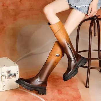 Модные туфли на низком каблуке до колена из денима для женщин, кожаные роскошные длинные сапоги для женщин, зима 2024, осень, мода, массивная платформа 35 хаки