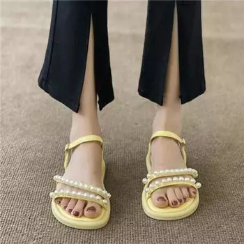 Fashion With Low Heels Open Toe Summer 2024 Ladies Shoes Sandals for Women Buckles Pearl Shoe Casual Vip Chic and Elegant Korea Footwear 35