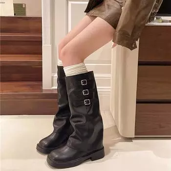 fashion Woman Boots Knee High Boots Platform Elegant Low Heel Trend Women Punk Leather Fashion Shoes for Women Shoes Motorcycle Footwear 35 чёрный