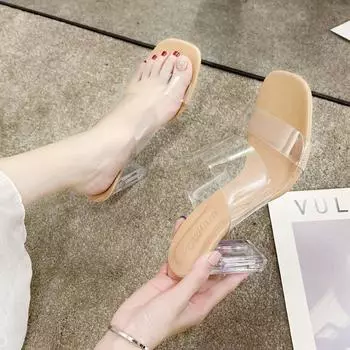 fashion Woman Clear High Pumps Wedding Jelly Buty Damskie Heels Slippers Transparent High Heels Women Square Toe Sandals Summer Shoes88h 34