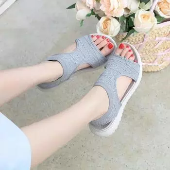 Fashion Woman Elastic Knitting Mesh Casual Sandals Summer Light Wedges Platform Peep Toe Sandals Beach Sports Shoes Sandalias Mujer 35 серый