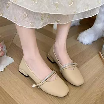 Fashion Woman Elegant Summer French Square Toe Green Mary Janes Cute Casual Flats Female Retro Shoes Low Heeled Soft Soled Flat Shoes 35 бежевый