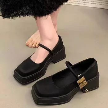 Fashion Woman Pumps Gothic Japanese Style Lolita Office Shoes for Women High Heels Mary Jane Square Toe on Heeled Normal Leather Casual 35