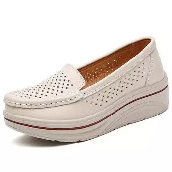 fashion Woman s Casual Shoes Leather Hollow Flat Shoes Loafers Slip on Ladies Moccasins Breathable Women Platform Sneakers Zapatos Mujer 35