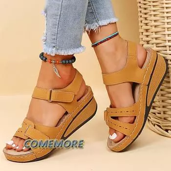 Fashion Woman s Sandals Soft Bottom Platform Wedge Heels Summer Shoes Sandalias Mujer Elegant Casual Shoes for Women 2024 Large Size 43 35 бежевый