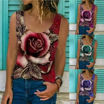 Fashion Woman Sleeveless Round Neck Rose Print Blouse Summer Casual T-shirt Loose Vest Shirts Elegant And Youth Top 25440 S остановить