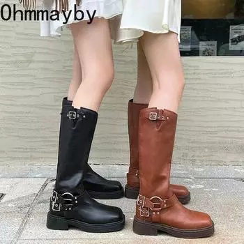 мода Женщина Western Cowgirl Boot Модные Молнии Сзади Длинные Ботинки Осень Зима Suqare Низкий Каблук Девушка Туфли 35 кофейный