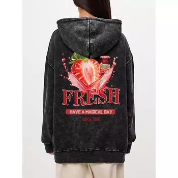 Fashion Womans Washed Hoodie Fresh Strawberriy Printed Streetwears Warm Cotton Oversize Pullovers Couple Clothes M