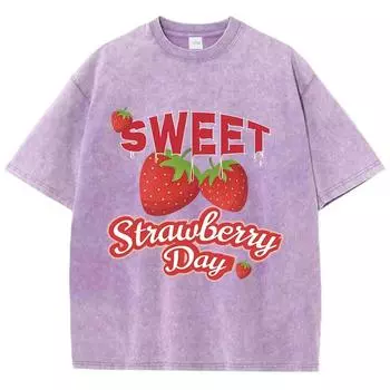 Fashion Womans Washed T-Shirts Sweet Strawberriy Day Printing Tee Shirts Cotton Oversize Crewneck Tees Street Clothes S