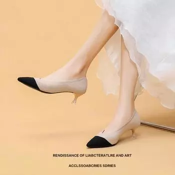 Fashion Women 2024 New Fashion Plaid Pointed Toe Soft Bottom Thin Heel Knitting Comfortable Breathable Anti-slip Spring Autumn 34(Foot22cm) черный серый