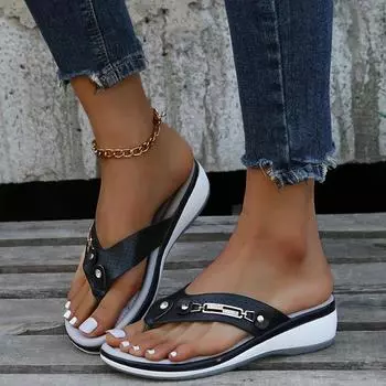 Fashion Women 2024 Summer Wedges Clip Toe Sandals Outdoor Slippers Casual Ladies Beach Shoes Metal Button Flip Flops Slides Footwear 36 бежевый