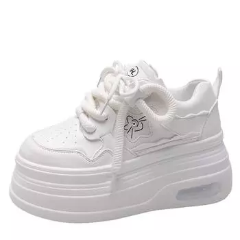 fashion Women 8CM Leather Sneakers Autumn Spring Lace-up Casual Walking Shoes Chunky Sneakers High Platform Sport Skateboard Shoes Woman 34 чёрный