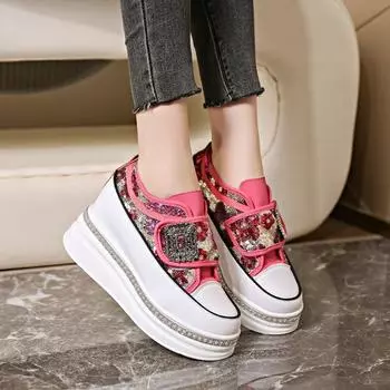 Модные женские повседневные кроссовки на платформе 8 см со стразами, блестящие, кружевные, для ходьбы, спортивные, дышащие, с толстой подошвой 34