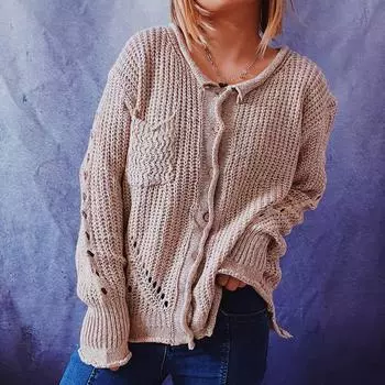Fashion Women And Winter Solid Color Hollow Knitted Long Sleeve Pullover Sweater Casual Sweater L