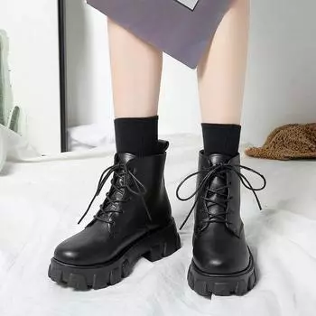 Fashion Women Ankle Boots Autumn and Winter Platform Round Toe Women s Punk Boots Thick Soled Lace Up Combat Boots Size 35-42 36