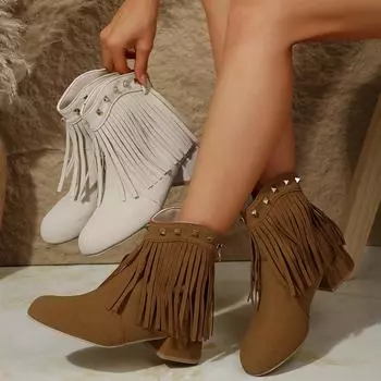 Модные женские ботильоны осень-зима с кисточками и заклепками, женские ботинки с круглым носком, на молнии, модная обувь для отдыха на природе, женские ботинки Botas De Mujer 35 бежевый
