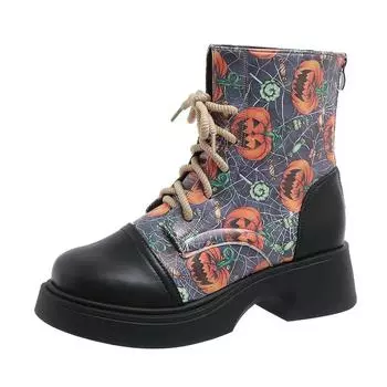 Fashion Women Ankle Boots Square Heel Wear-resistant Anti-slip Round Head Lace Up Platform Shoes Middle Follow Color Matching Outdoor 35 оранжевый