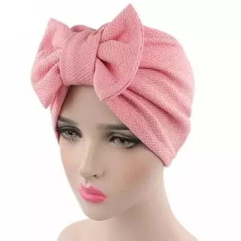 Fashion Women Big Bow Turban Hat Headdress Bow Knot Bonnet Hat Chemo Hair Cap Soft Snood Hat pink