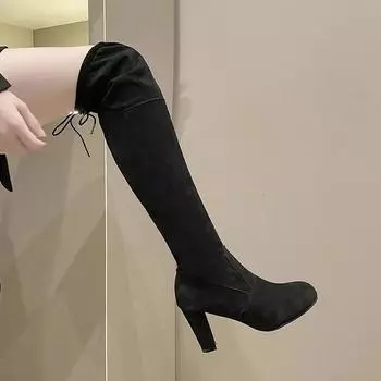 Модные женские черные сапоги выше колена женские осенне-зимние сексуальные прозрачные высокие каблуки длинные сапоги женские слипоны на носках Botas Plus Size 43 35 чёрный