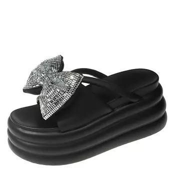 Модные женские шикарные толстые тапочки летние женские пляжные шлепанцы туфли на танкетке уличные сандалии женские кожаные туфли на высокой платформе 8 см 34 чёрный