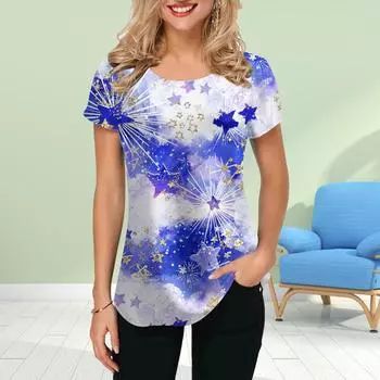 Модная женская футболка с принтом синих звезд, забавная повседневная футболка с круглым вырезом и короткими рукавами, летняя женская футболка XS синий
