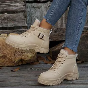 Fashion Women Boots 2024 New Fashion Casual Sneakers Winter Warm Plus Velvet All-Match Ankle Boots Women Thick-Soled Cotton Shoes Women 36 бежевый