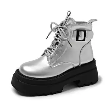 Fashion Women Boots British Autumn Winter New Platform Belt Buckle Zipper Lace Up Fashion Boots Comfortable Non Slip Outdoor Boots 2025 35 серебряный