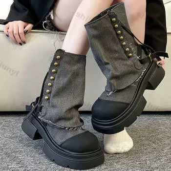 Fashion Women Boots British Fashion Rivet Zipper Pants Leg Boots 2024 New Thick Soled Belt Buckle Platform Anti Slip Cowboy Short Boots 35 зелёный