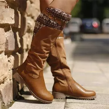 Fashion Women Boots Winter 2024 Designer Luxury Low Heel Casual Women Shoes Side Zip Faux Suede Western Ladie Knee High Boots 35 коричневый