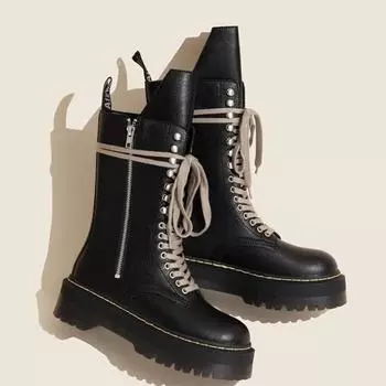 Fashion Women British Style Thick Soled Lace Up Boots Punk Style Motorcycle Boot Casual Zippered Black Ankle Boots Mid Length Boots 35 чёрный