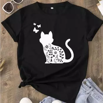 Модная женская футболка с принтом бабочки, ветки, кошки, забавная повседневная футболка с круглым вырезом и короткими рукавами, летняя женская футболка XS розовый